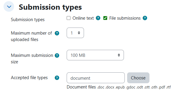 A screenshot of the assignment submission types settings